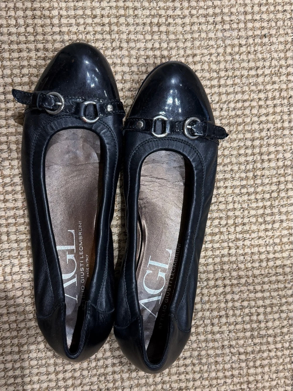 AGL Black Leather Ballet Flats with Patent Toe and Buckle Detail